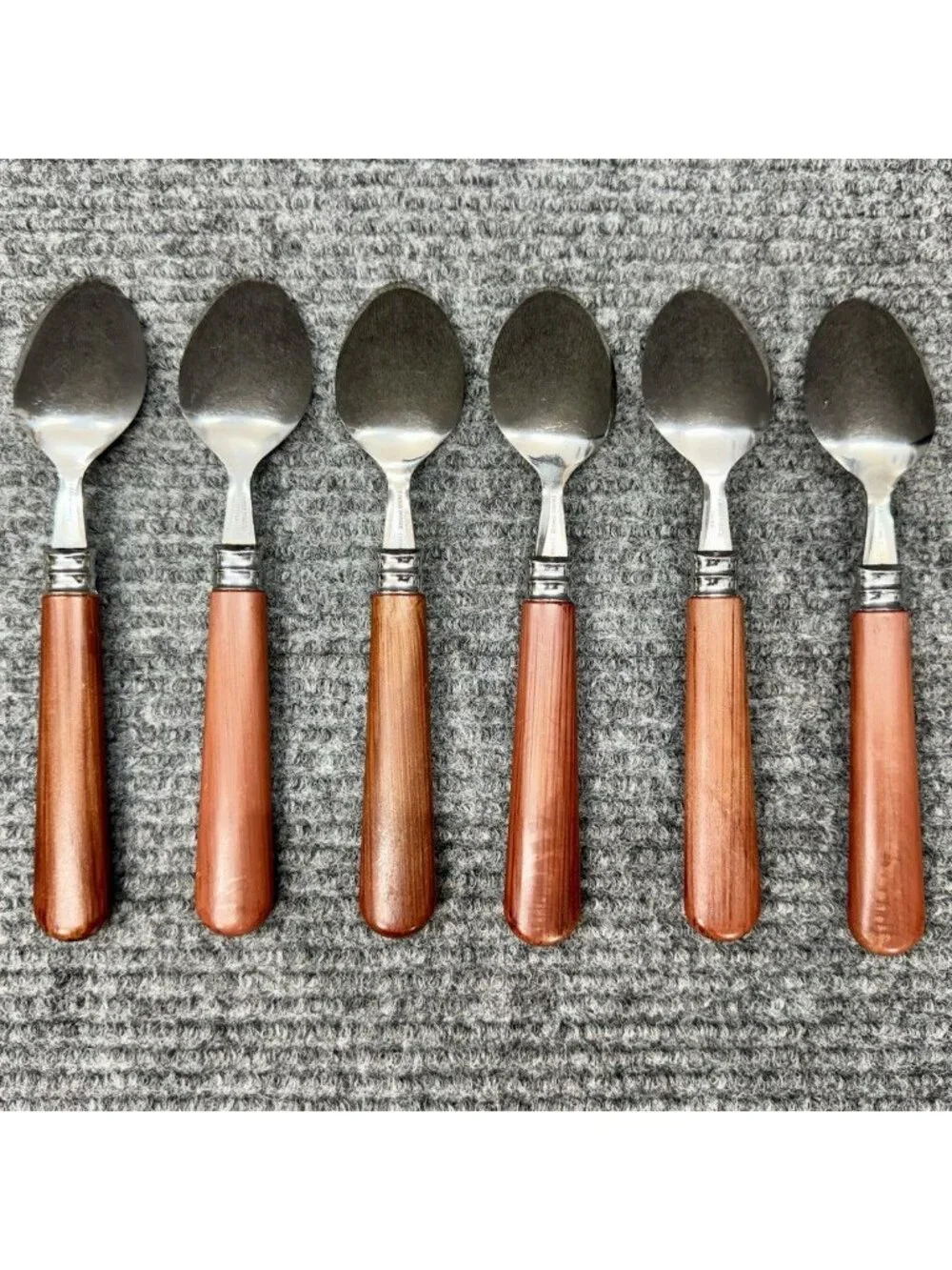 Faberware Silverware Lot Of 6 Spoons Faux Wood Brown Handle Set Oval Vintage